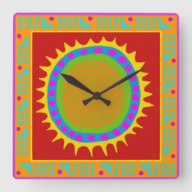 Petroglyph Sol folkArt Wall Clock Fyrkantig Klocka (Framsida)