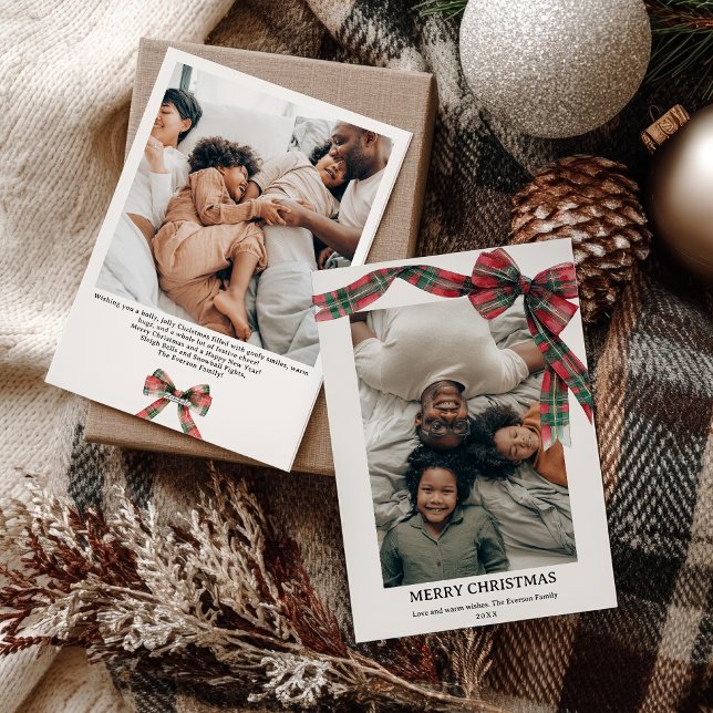 Pets Coquette Bow Julvinter 2 Foto Julkort (Plaid Coquette Bow Christmas Winter 2 Photo Holiday Card)
