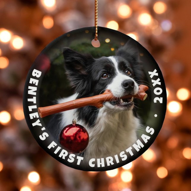 Pets första julfoto för hemmet julgransprydnad keramik (Pet's First Christmas Photo Forever Home Ceramic Ornament)