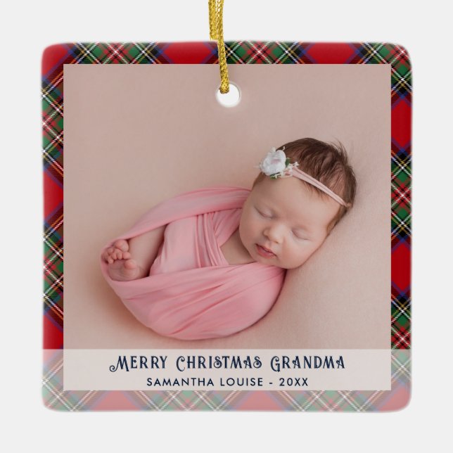 Pets Grandma jul Baby Photo Tartan Julgransprydnad Keramik (Framsida)