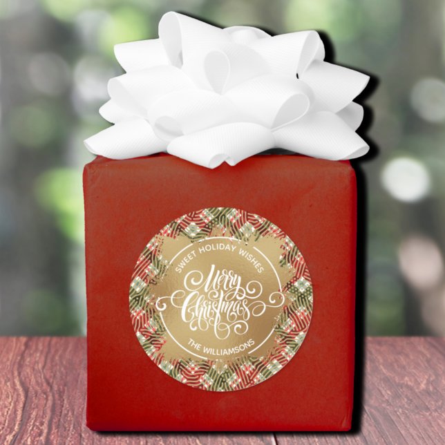 Pets-jul Runt Klistermärke (Plaid Christmas sweet holiday wishes homemade baking round stickers)