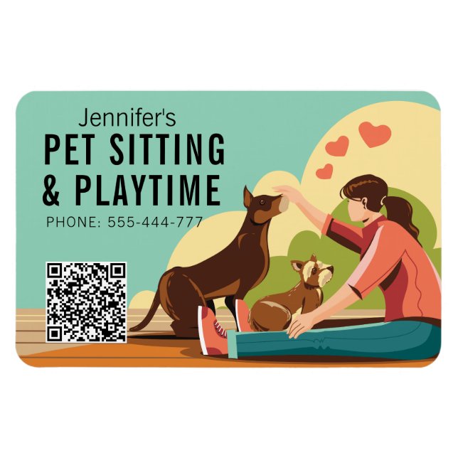 Petsit & Playtime with QR code Hund Business Magnet (Horisontell)