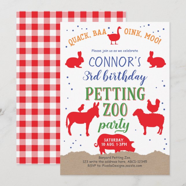 Petting zoo, Boy, Banyard Farm Animal Birthday Inbjudningar (Fram/baksida)