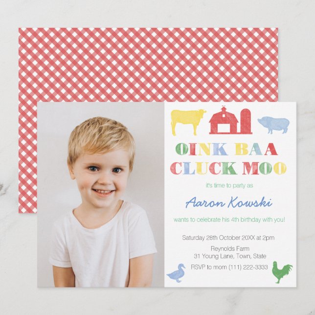Petting Zoo Födelsedagsfest åt Boy, Boskap Inbjudningar (Fram/baksida)