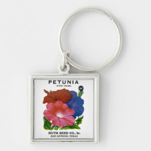Petunia Vintage Seed Packet Fyrkantig Silverfärgad Nyckelring