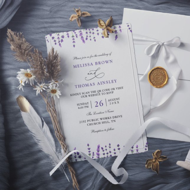Peurple Lavender Floral Budget QR Code Wedding Inbjudningar (Skapare uppladdad)