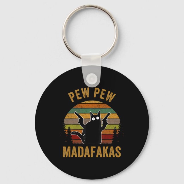Pew Madafakas Pew Guns Funny Black Cat Retro Vinta Nyckelring (Framsida)