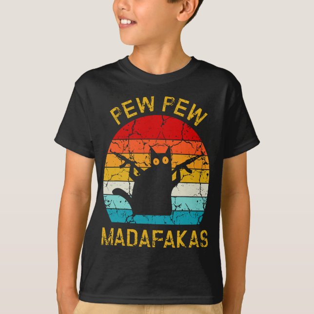 Pew Madafakas Pew Guns Funny Black Cat Retro Vinta T Shirt (Framsida)