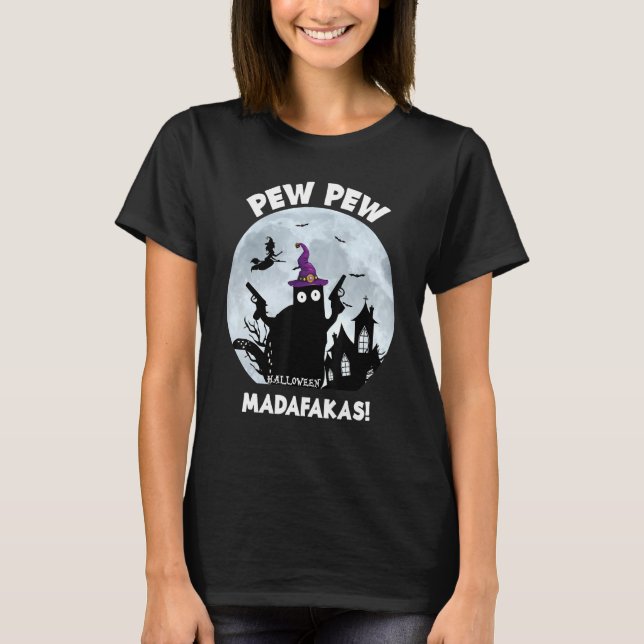 Pew Pew Madafakas Black Cat Halloween 2021 T Shirt (Framsida)