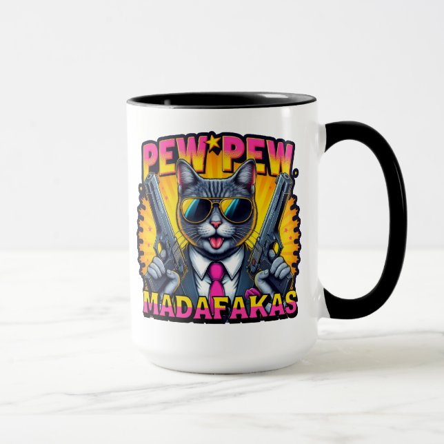 Pew Pew Madafakas Coola Cat with Stil och Pistols Mugg (Höger)