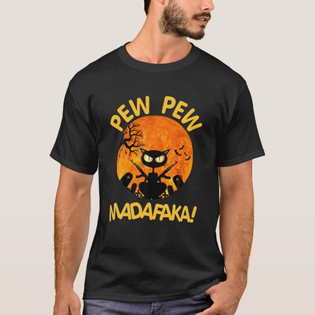 Pew Pew Madafakas Crazy Black Cat Måne Halloween T Shirt (Framsida)