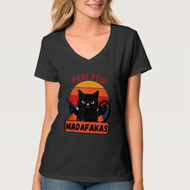 Pew Pew Madafakas Retro Cat T Shirt (Framsida)