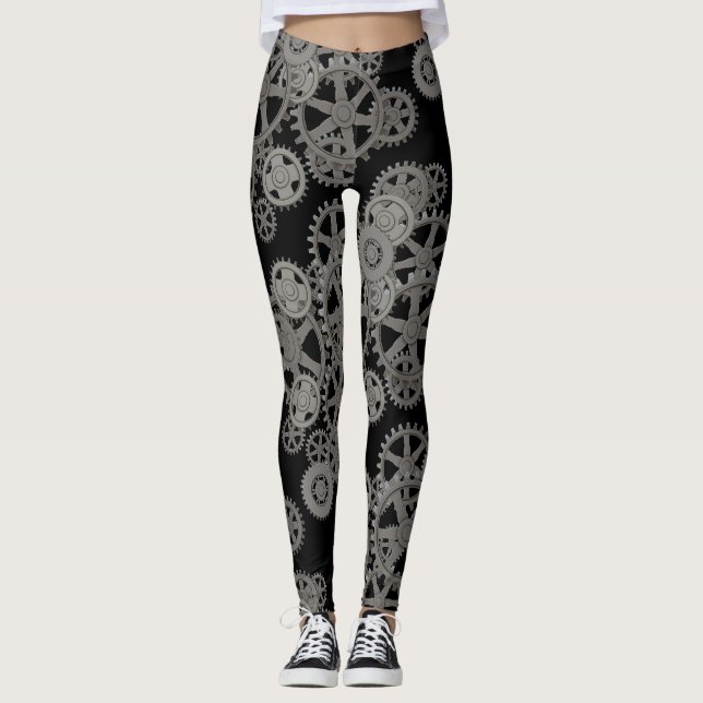 Pewter & Black Steampunk Gears Leggings (Framsida)