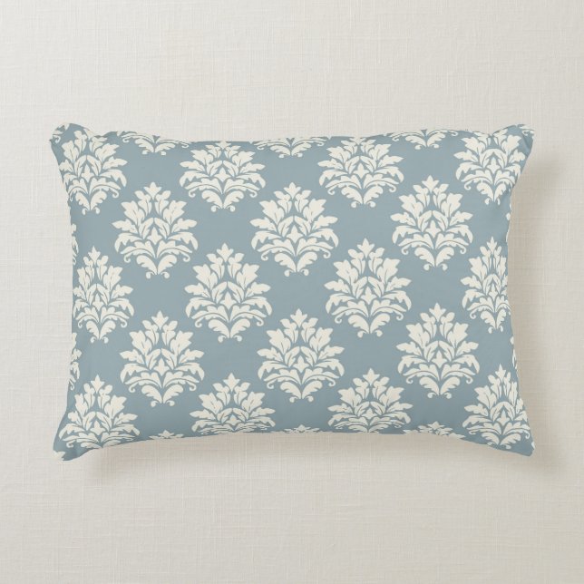 Pewter Blue och Alabaster Damask accent Pillow Prydnadskudde (Framsidan)