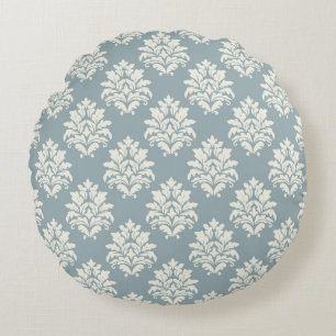 Pewter Blue och Alabaster Damask RoundThrow Pillow Rund Kudde