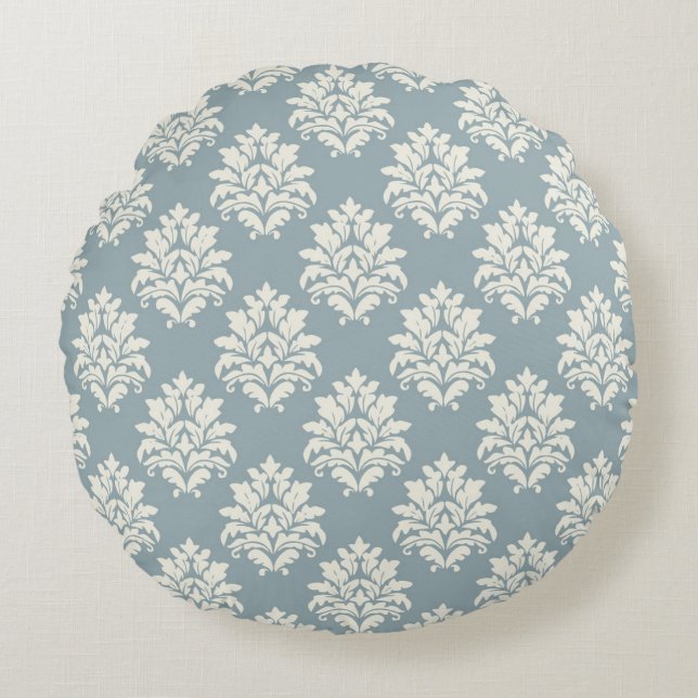 Pewter Blue och Alabaster Damask RoundThrow Pillow Rund Kudde (Framsidan)