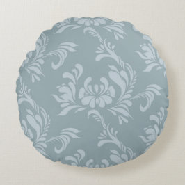 Pewter Blue och Zinc Damask Round Accent Pillow Rund Kudde
