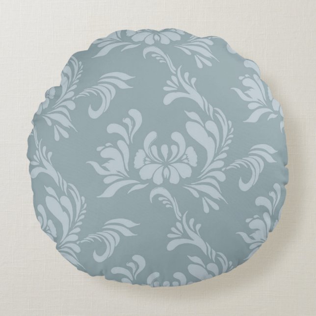 Pewter Blue och Zinc Damask Round Accent Pillow Rund Kudde (Framsidan)
