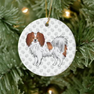 Phalène-hund i rött och vitt med grå tassar julgransprydnad keramik