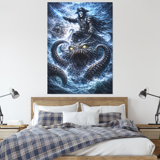 Phantom Skull Captain Riding the Sea Beast – Blue  Canvastryck (Insitu (sovrum))
