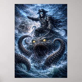 Phantom Skull Captain Riding the Sea Beast – Blue  Poster