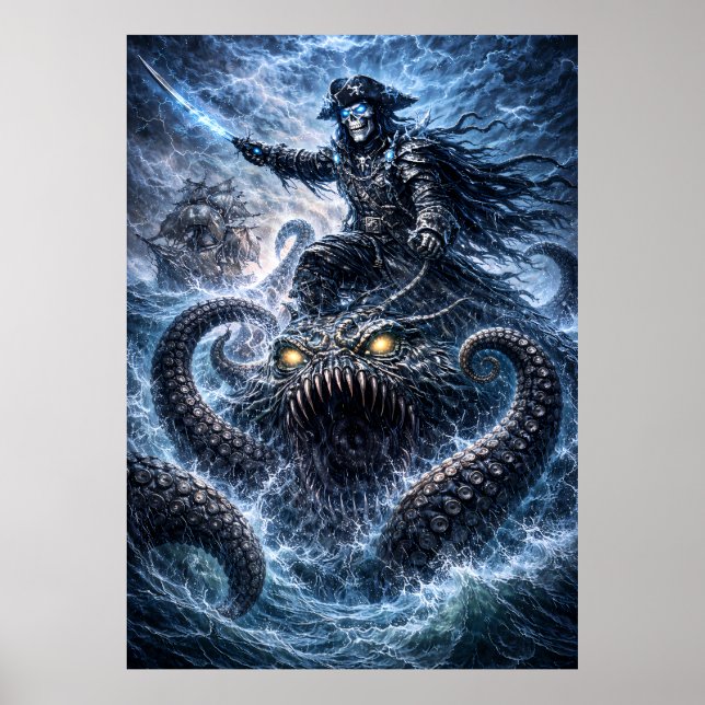 Phantom Skull Captain Riding the Sea Beast – Blue  Poster (Framsidan)