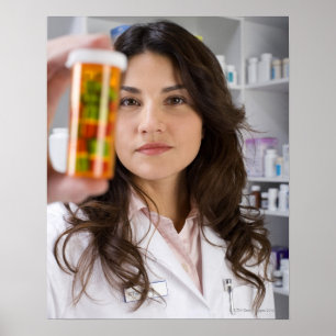 Pharmacistinnehav en pillflaska poster