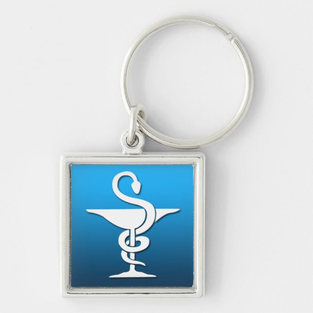 Pharmacistsymbol Fyrkantig Silverfärgad Nyckelring (Framsidan)