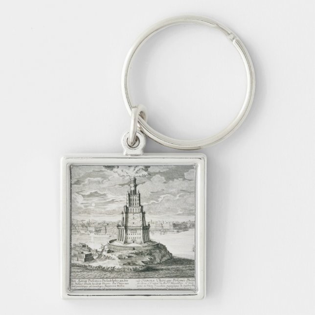 Pharosen av Alexandria, pläterar 9 från 'ei Fyrkantig Silverfärgad Nyckelring (Framsidan)