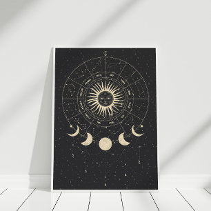 Phases Boho Black and Beige Zodiac Måne Poster