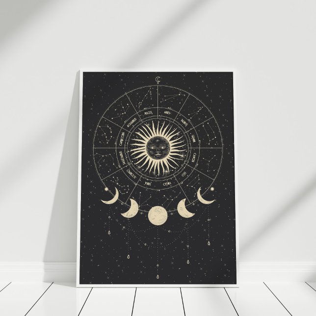 Phases Boho Black and Beige Zodiac Måne Poster (Boho Black and Beige Zodiac Moon Phases Poster in a white frame against white wall.)