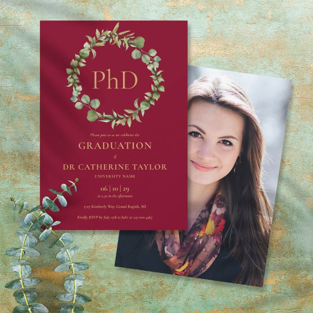 PhD Degree Burgundy Garland Photo Studentfest Inbjudningar (Skapare uppladdad)