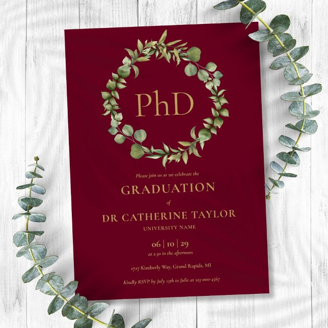 PhD Degree Burgundy Red Garland Studentfest Inbjudningar (PhD Degree Burgundy Red Garland Graduation Party Invitation)