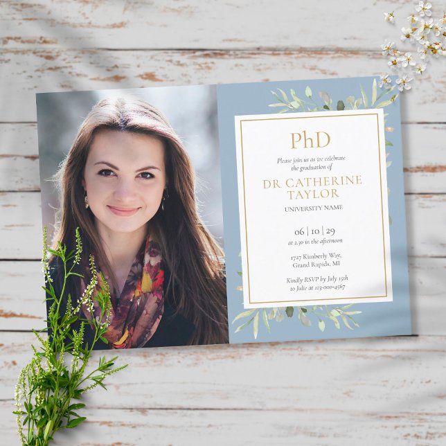 PhD Degree Dusty Blue Greenery Studenten Photo Inbjudningar (Skapare uppladdad)