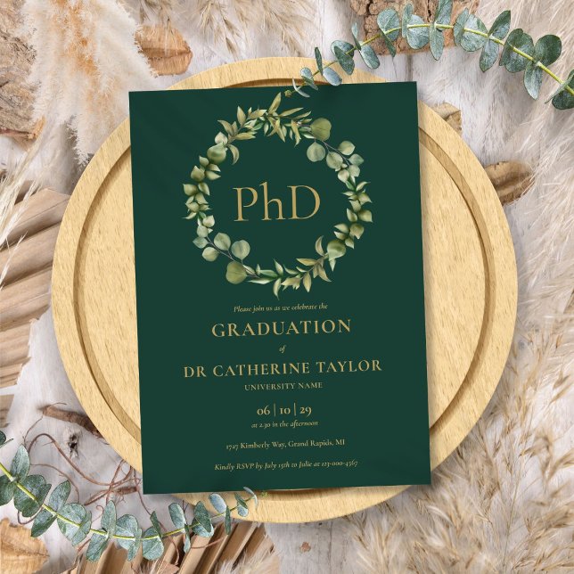 PhD Degree Emerald Grönt Garland Studentfest Inbjudningar (PhD Degree Emerald Green Garland Graduation Party Invitation)
