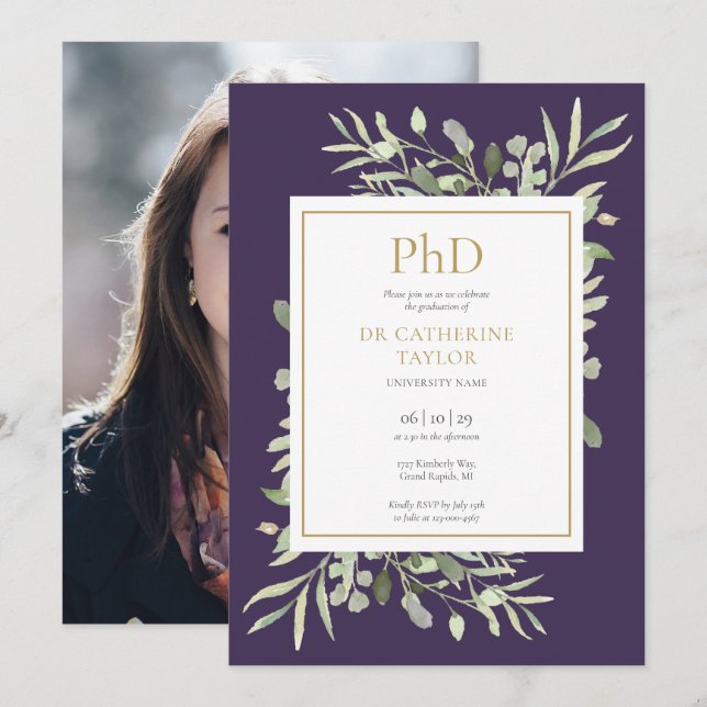 Phd Degree Greenery Lila Photo Studenten Inbjudningar (Fram/baksida)