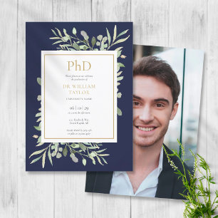 Phd Degree Greenery Navy Blue Photo Studenten Inbjudningar