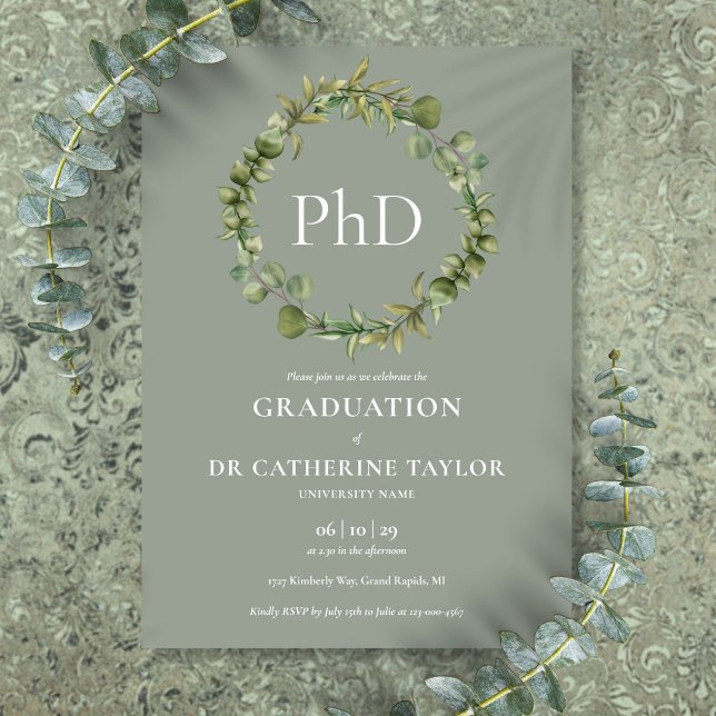 PhD Degree Sage Grönt Garland Studentfest Inbjudningar (PhD Degree Sage Green Garland Graduation Party Invitation)
