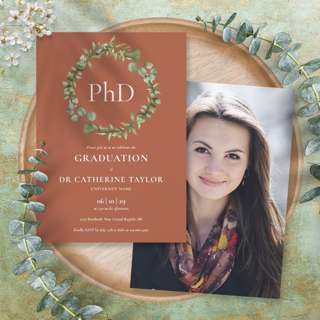 PhD Degree Terracotta Garland Photo Studenten Inbjudningar (Skapare uppladdad)