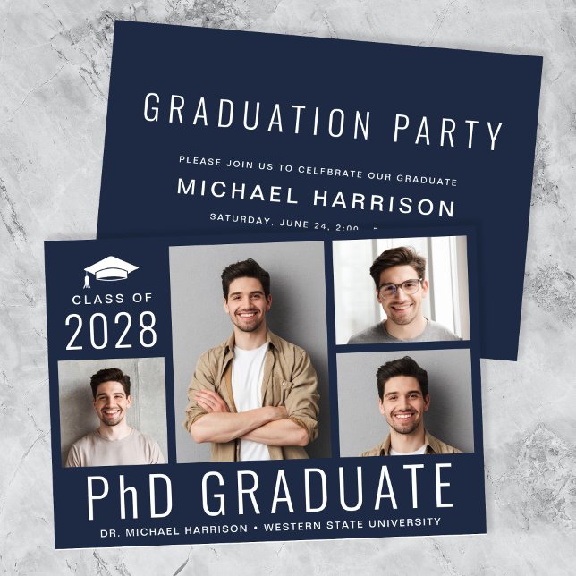 PhD-doktor 5 Photo Blue-Studentfest Inbjudningar (PhD Doctorate 5 Photo Blue Graduation Party Invitation)