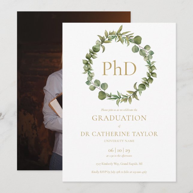 PhD Graree Elegant Garland Photo Studentfest Inbjudningar (Fram/baksida)