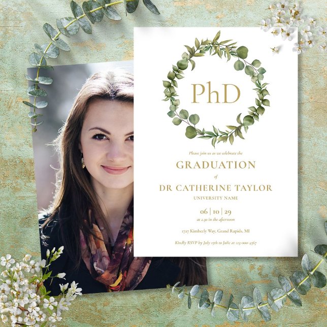 PhD Graree Elegant Garland Photo Studentfest Inbjudningar (PhD Degree Elegant Garland Photo Graduation Party Invitation)