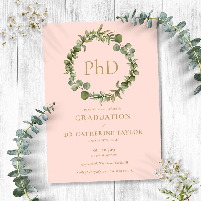 PhD  Rosa Garland Studenten Inbjudningar (PhD Degree Blush Pink Garland Graduation Invitation)