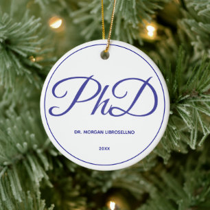 PhD Studenten White Blue Namn Year Julgransprydnad Keramik