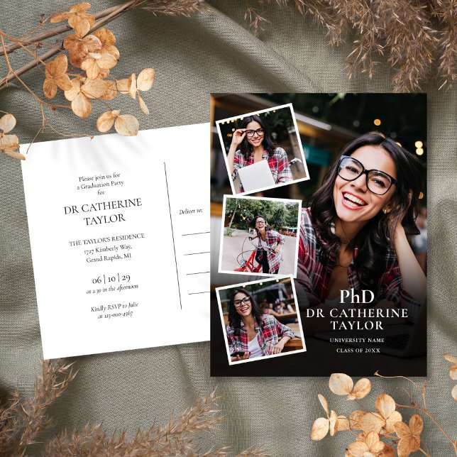PhD-Studentfest 4-fotoinbjudan Vykort (PhD Degree 4 Photo Graduation Party Invitation Postcard)
