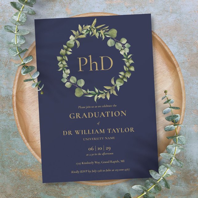 PhD Studentfest för blå trädgårdsodling i grader N Inbjudningar (PhD Degree Navy Blue Garland Graduation Party Invitation)