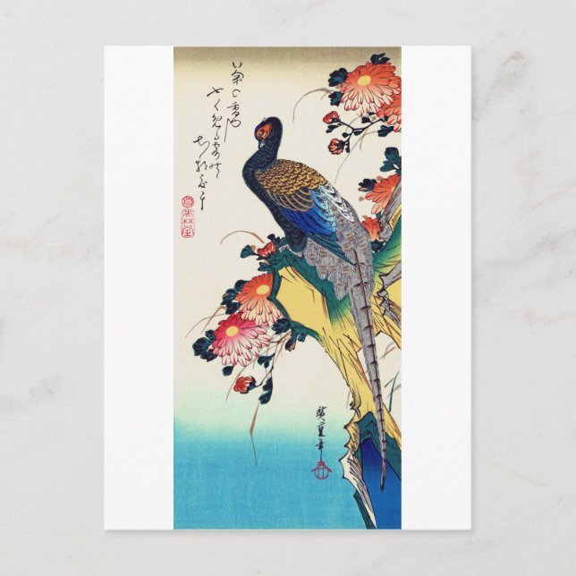 Pheasant and chrysanthemum, Hiroshige, Ukiyo-e Vykort (Framsida)