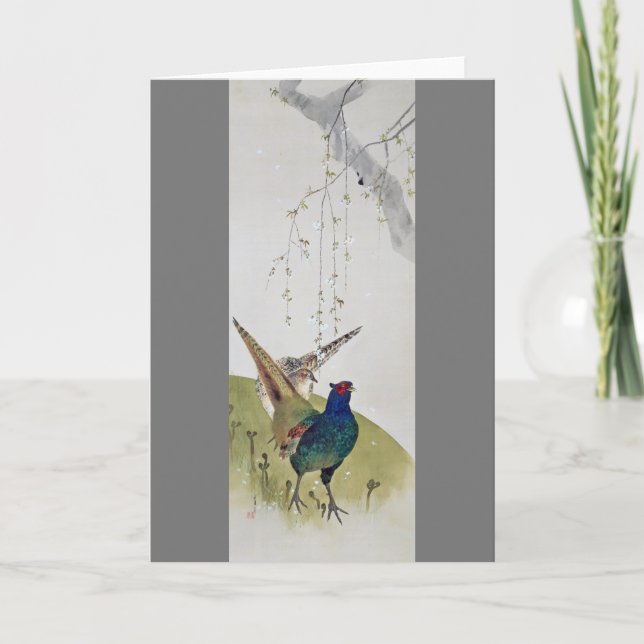 Pheasant and Weeping Cherry Träd, Watanabe Seitei Kort (Framsida)
