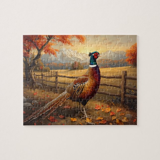 Pheasant Bird Autumn Mountain Sunset Painting Pussel (Horisontell)