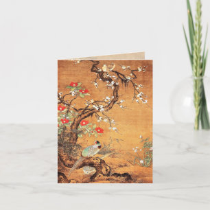 Pheasant och camellia oriental chinese bläck art helgkort